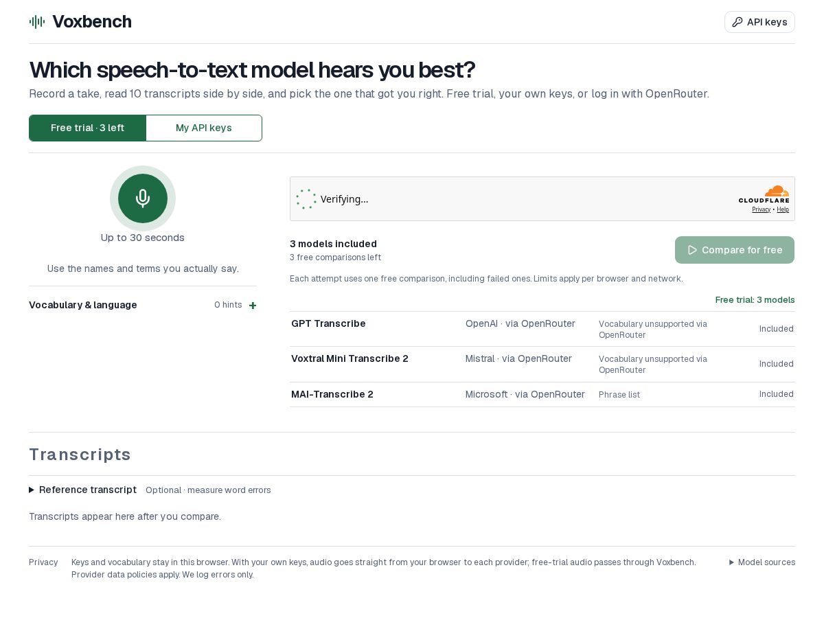 Landing-page snapshot of voxbench.app