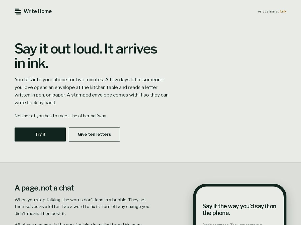 Landing-page snapshot of writehome.ink