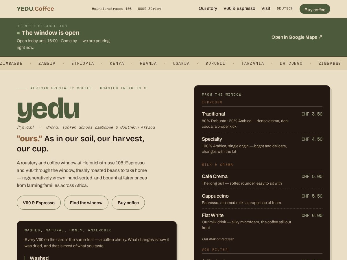 Landing-page snapshot of yeducoffee.com