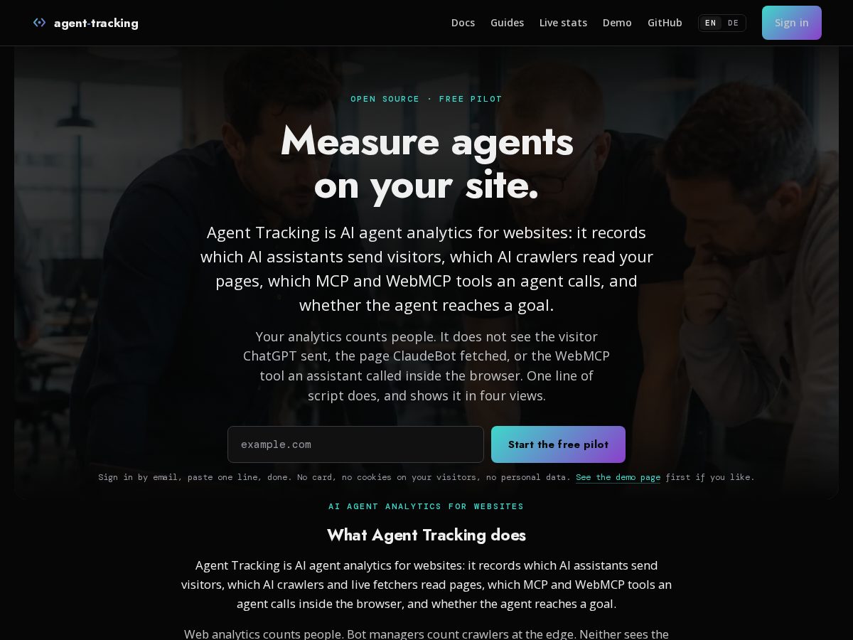 Landing-page snapshot of agent-tracking.com