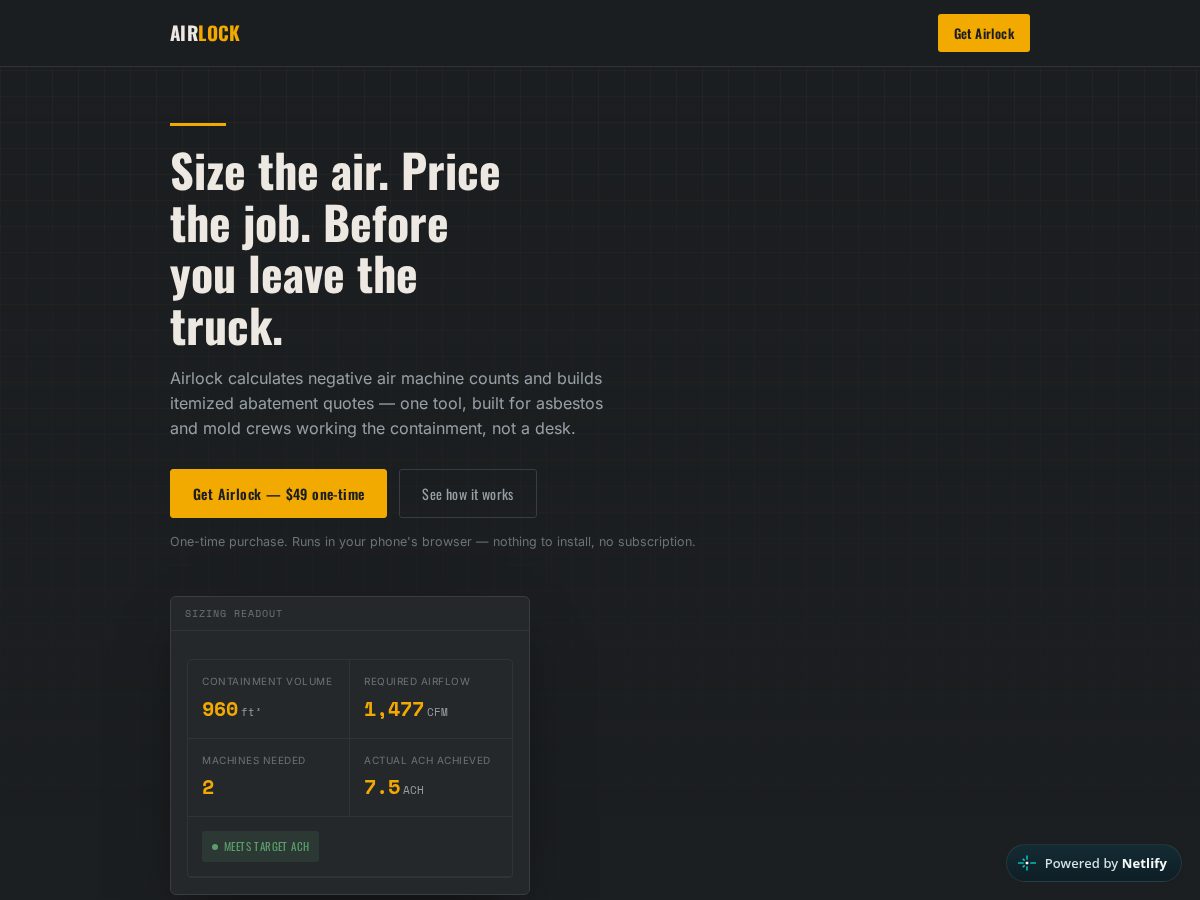 Landing-page snapshot of airlockcalc.com