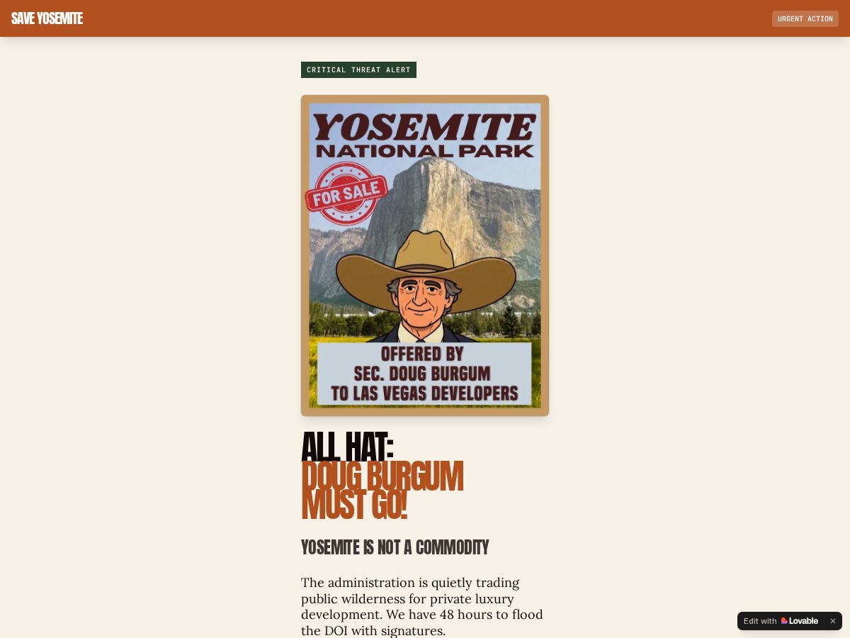 Landing-page snapshot of allhatdougburgum.com