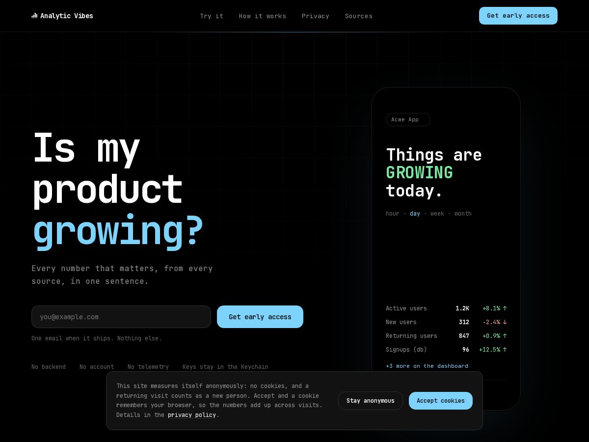 Landing-page snapshot of analyticvibes.com
