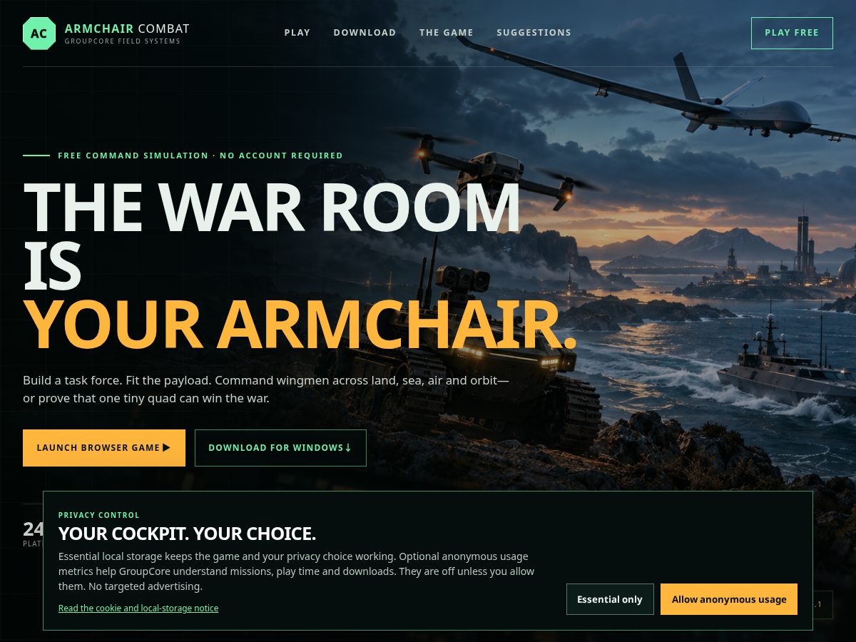 Landing-page snapshot of armchaircombat.com