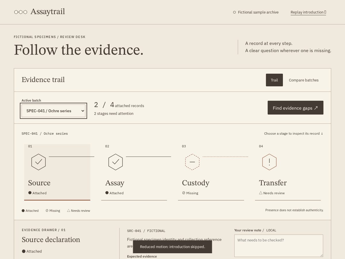 Landing-page snapshot of assaytrail.xyz