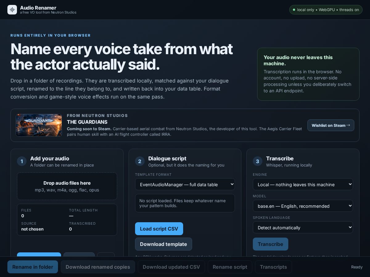 Landing-page snapshot of audiofilenamer.com