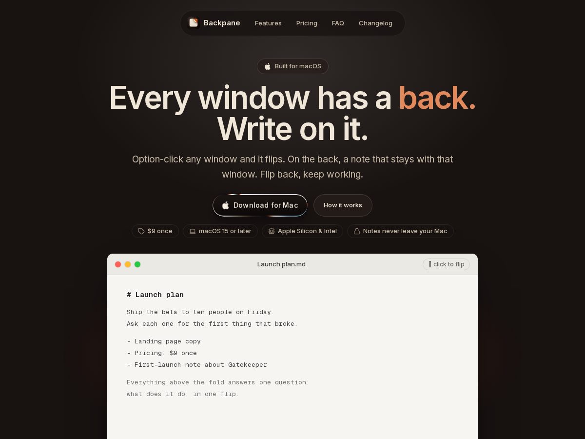 Landing-page snapshot of backpane.com