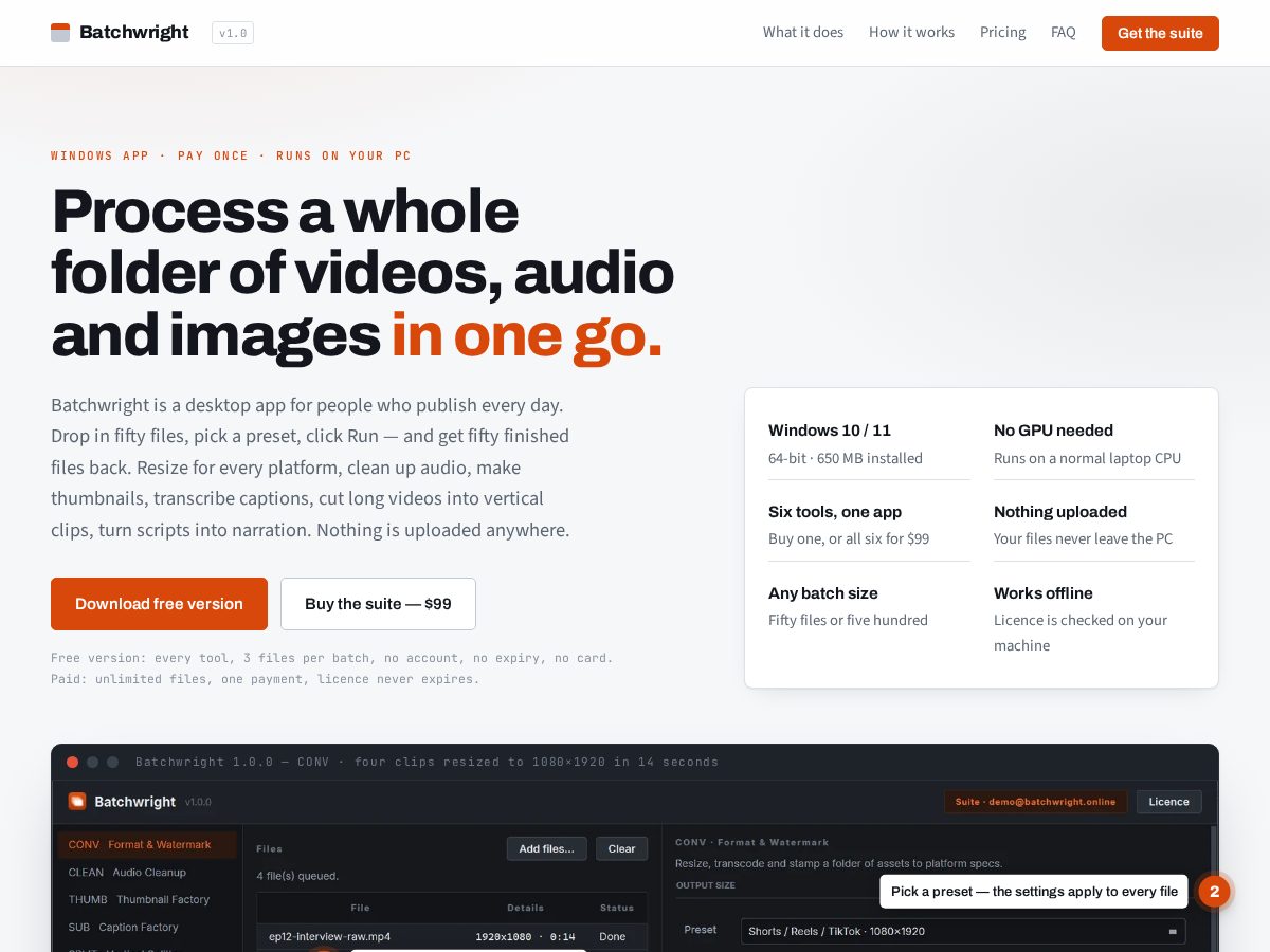 Landing-page snapshot of batchwright.online