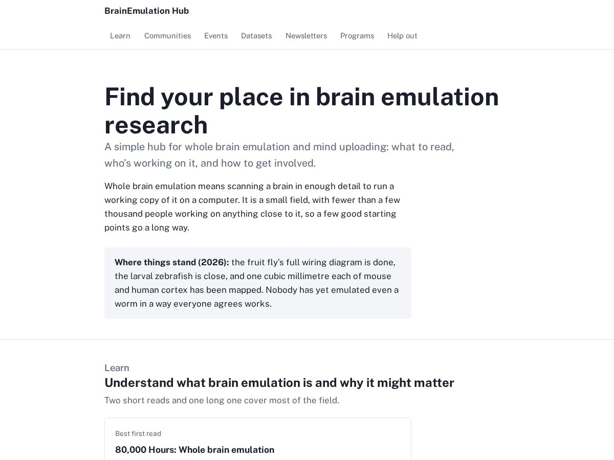 Landing-page snapshot of brainemulation.guide