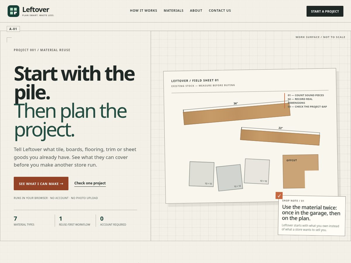 Landing-page snapshot of buildwithleftovers.com