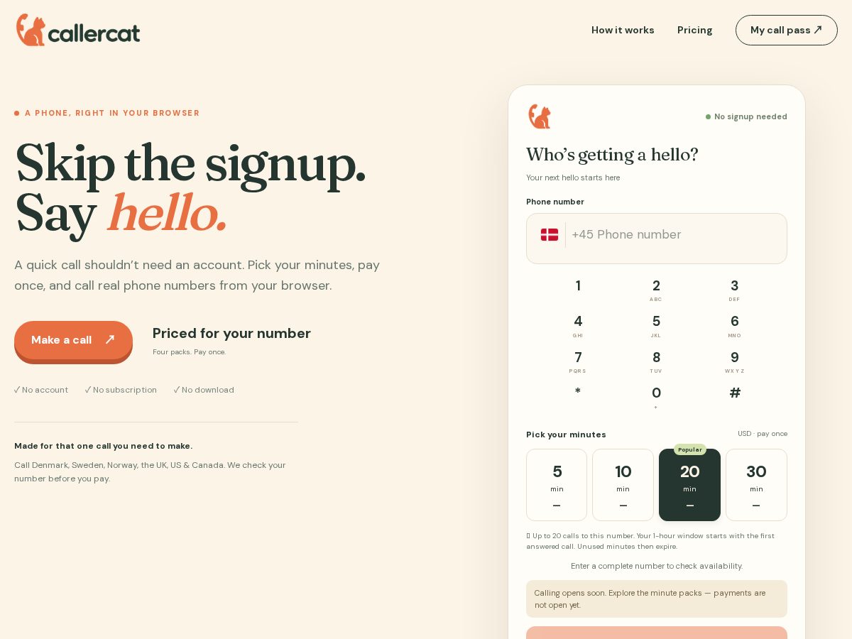 Landing-page snapshot of callercat.com