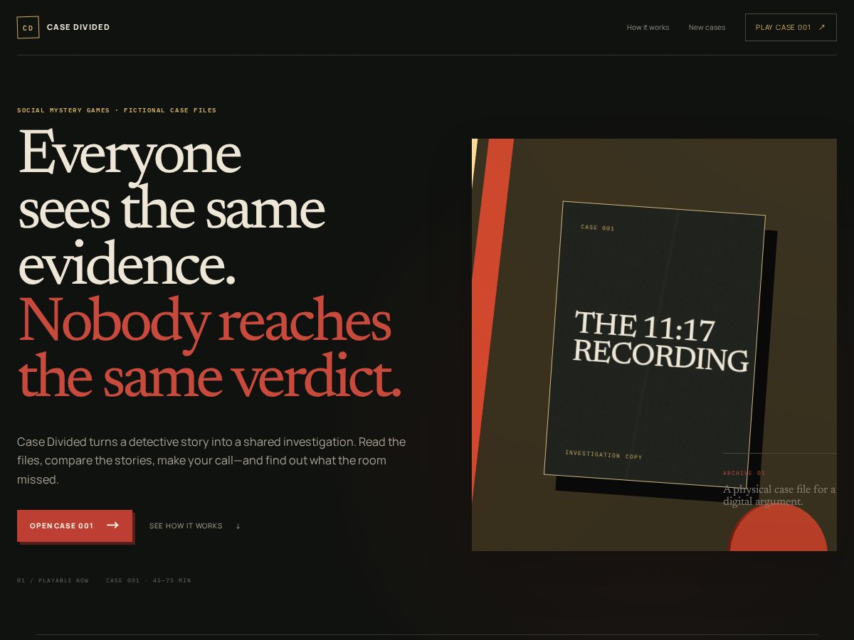 Landing-page snapshot of casedivided.com