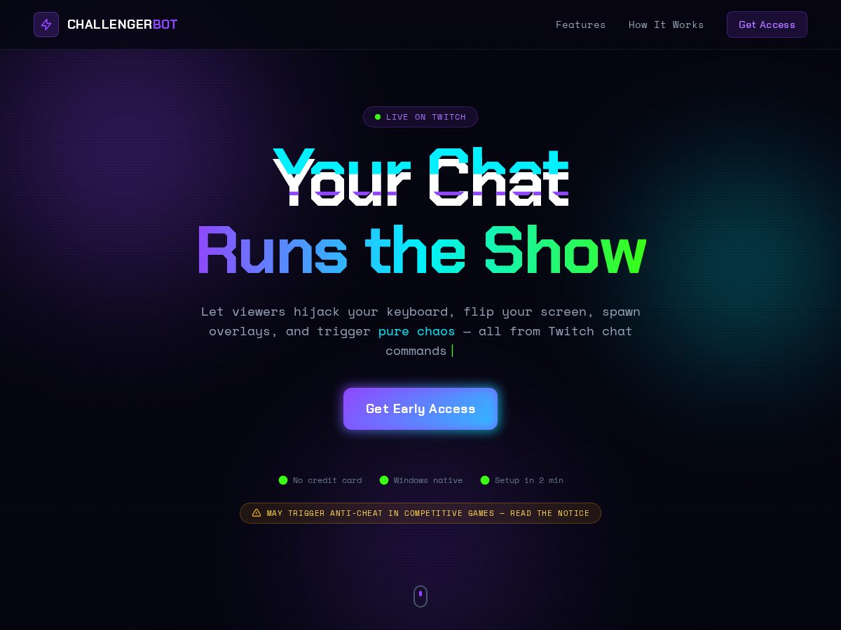 Landing-page snapshot of challengerbot.com