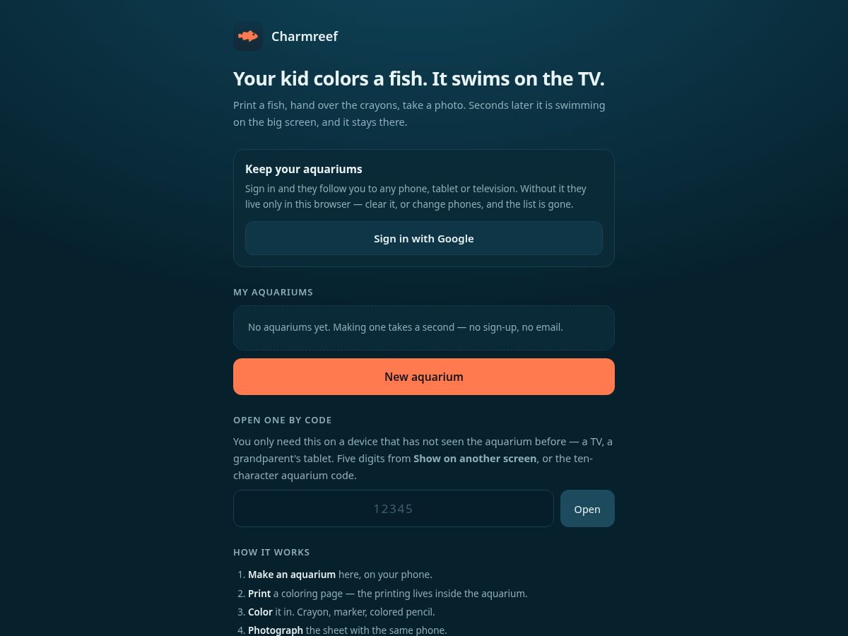 Landing-page snapshot of charmreef.com