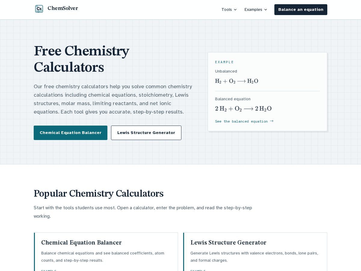 Landing-page snapshot of chemsolver.org