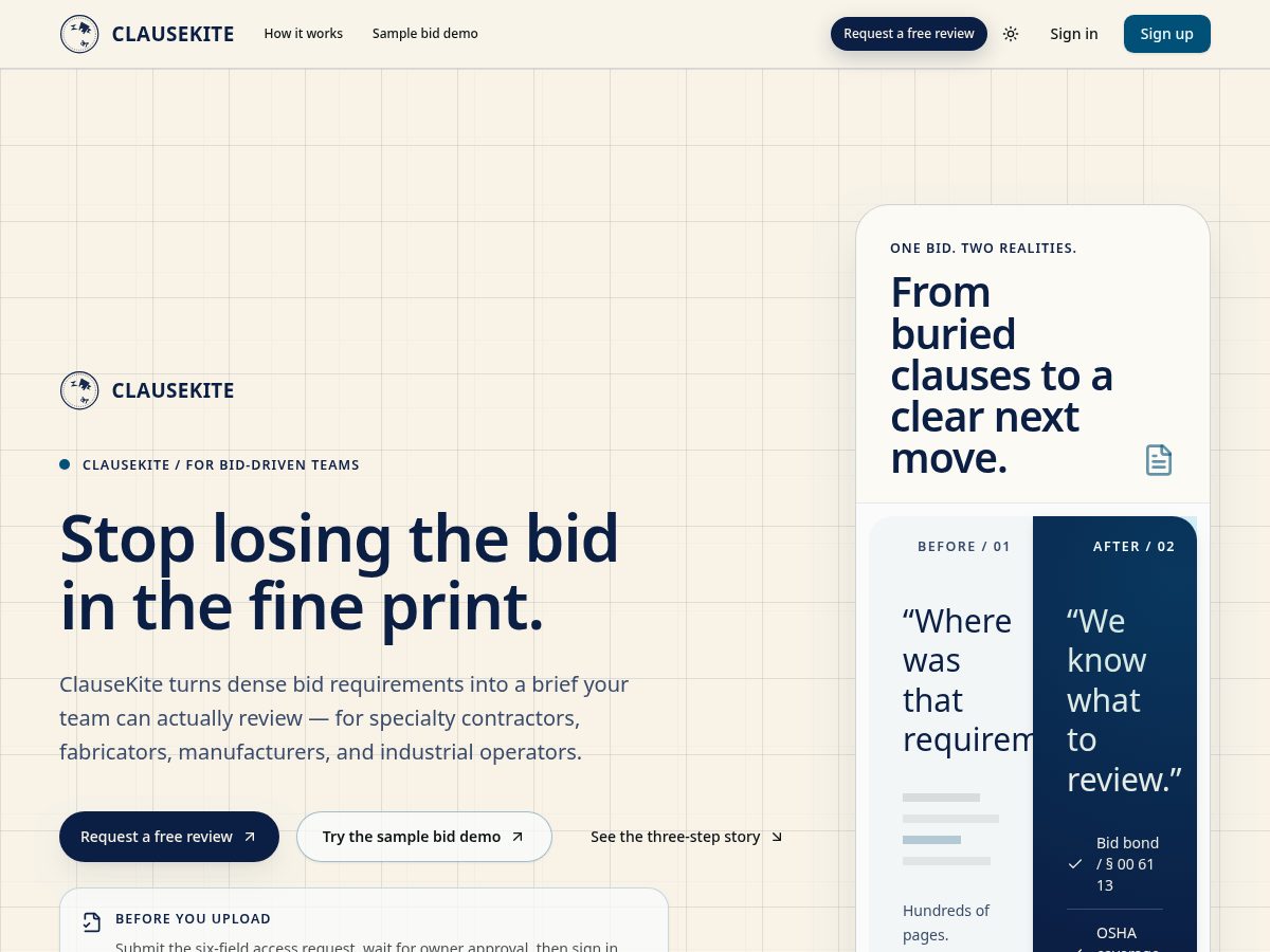 Landing-page snapshot of clausekite.com