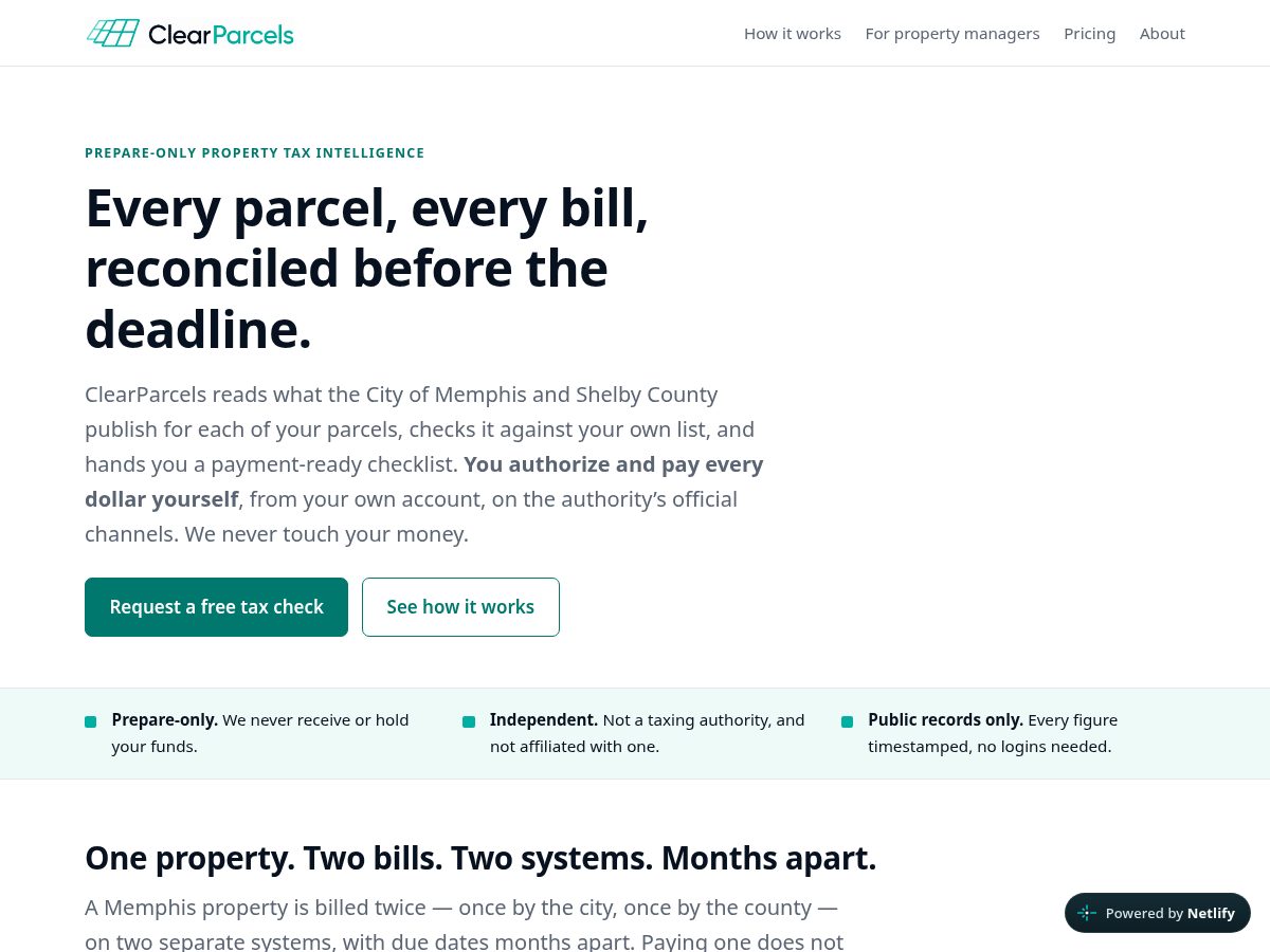 Landing-page snapshot of clearparcels.com