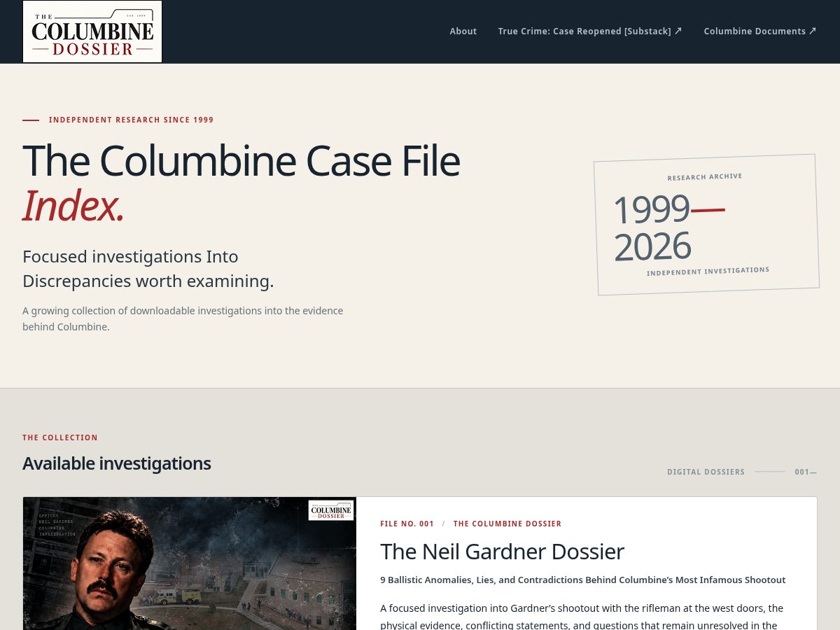 Landing-page snapshot of columbinedossier.com
