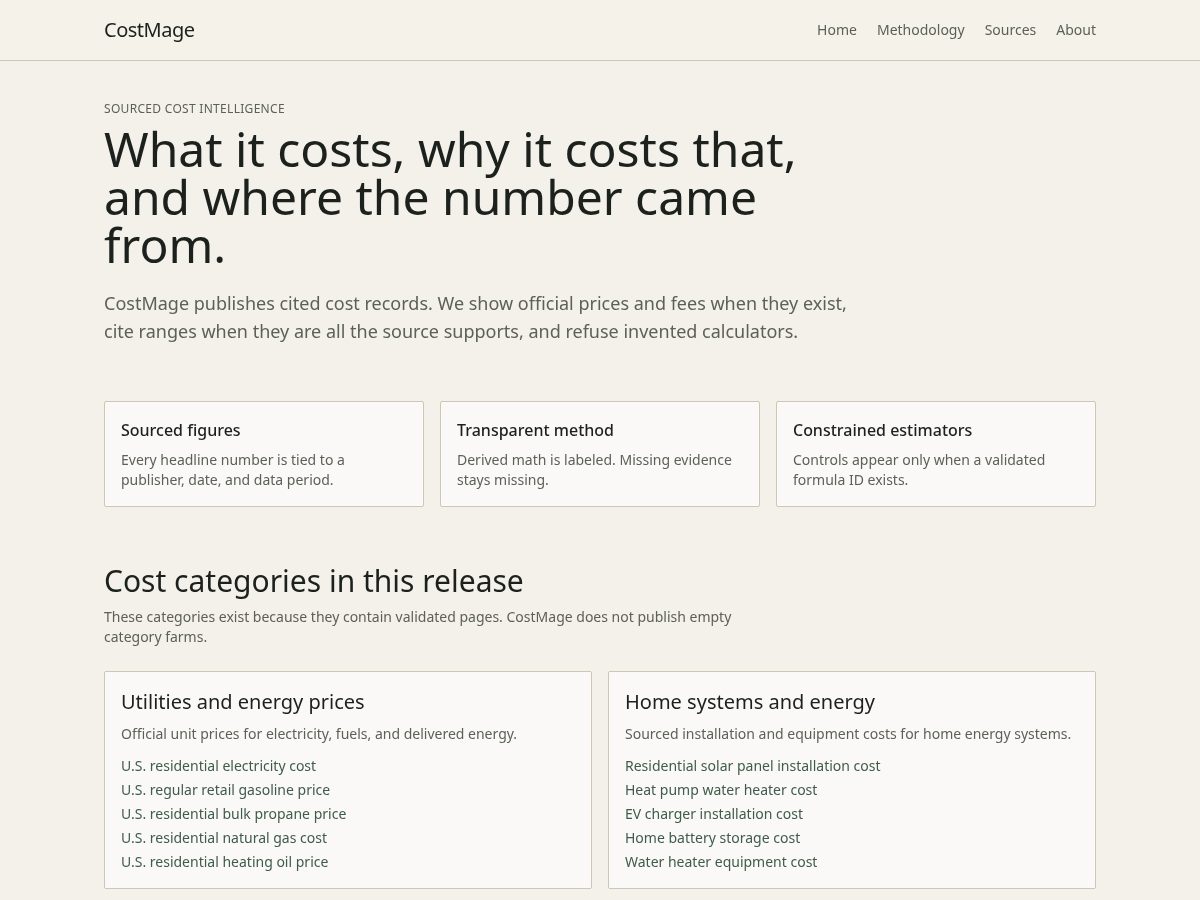 Landing-page snapshot of costmage.com