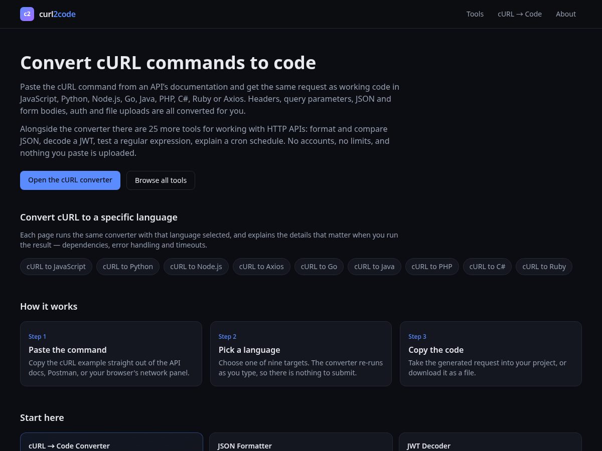 Landing-page snapshot of curl2code.xyz