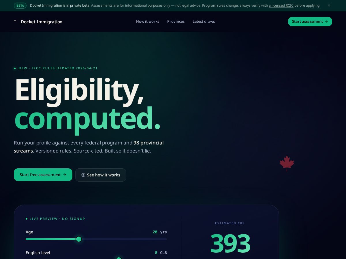 Landing-page snapshot of docketimmigration.com