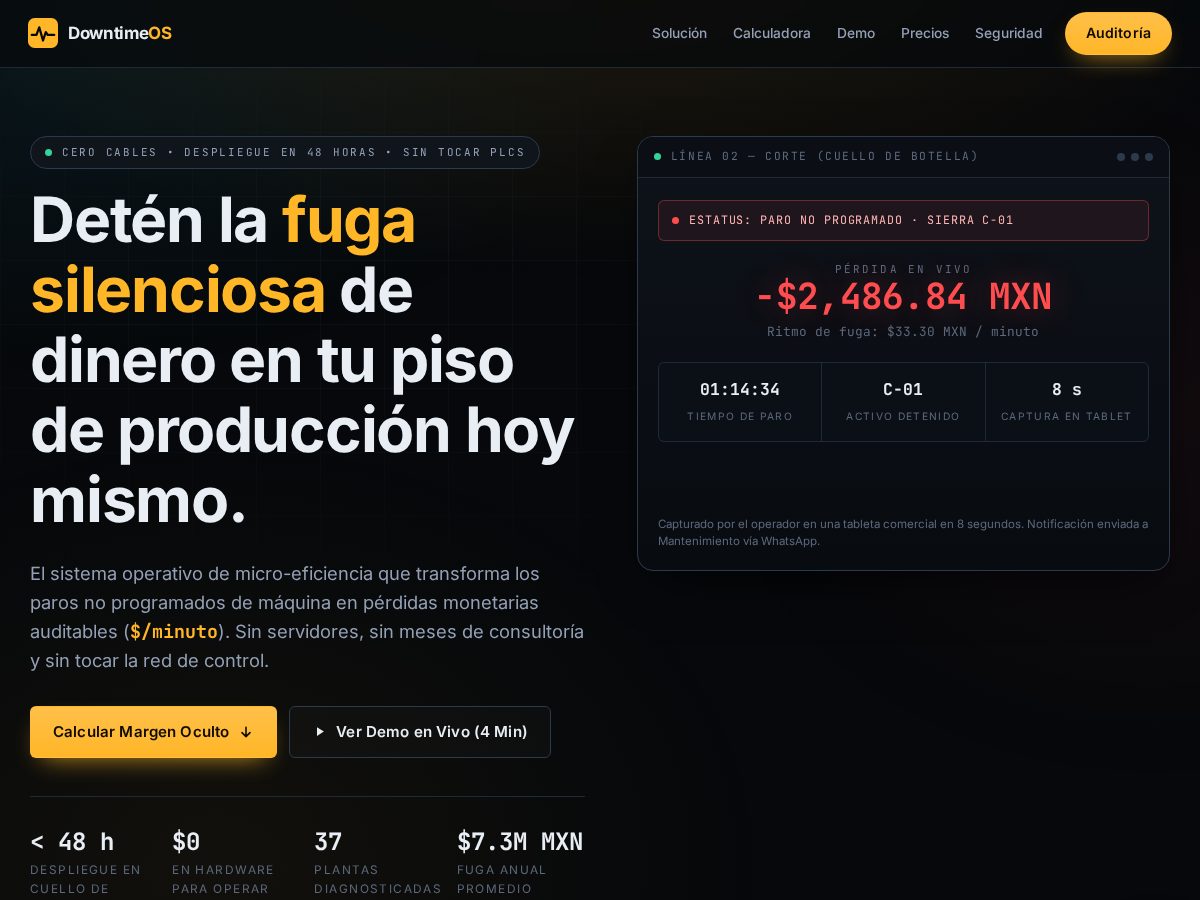 Landing-page snapshot of downtimeos.tech