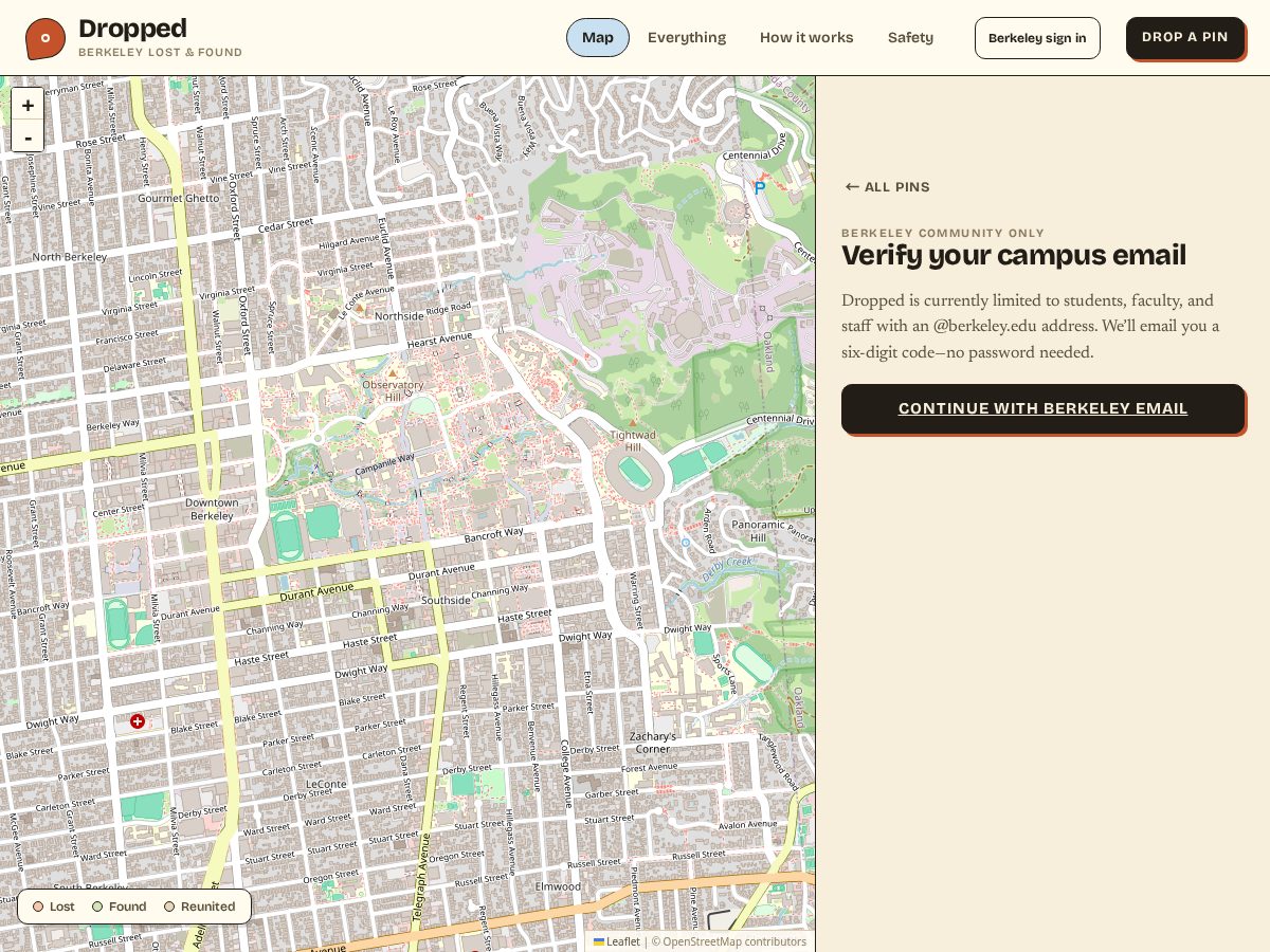Landing-page snapshot of droppedinberkeley.com