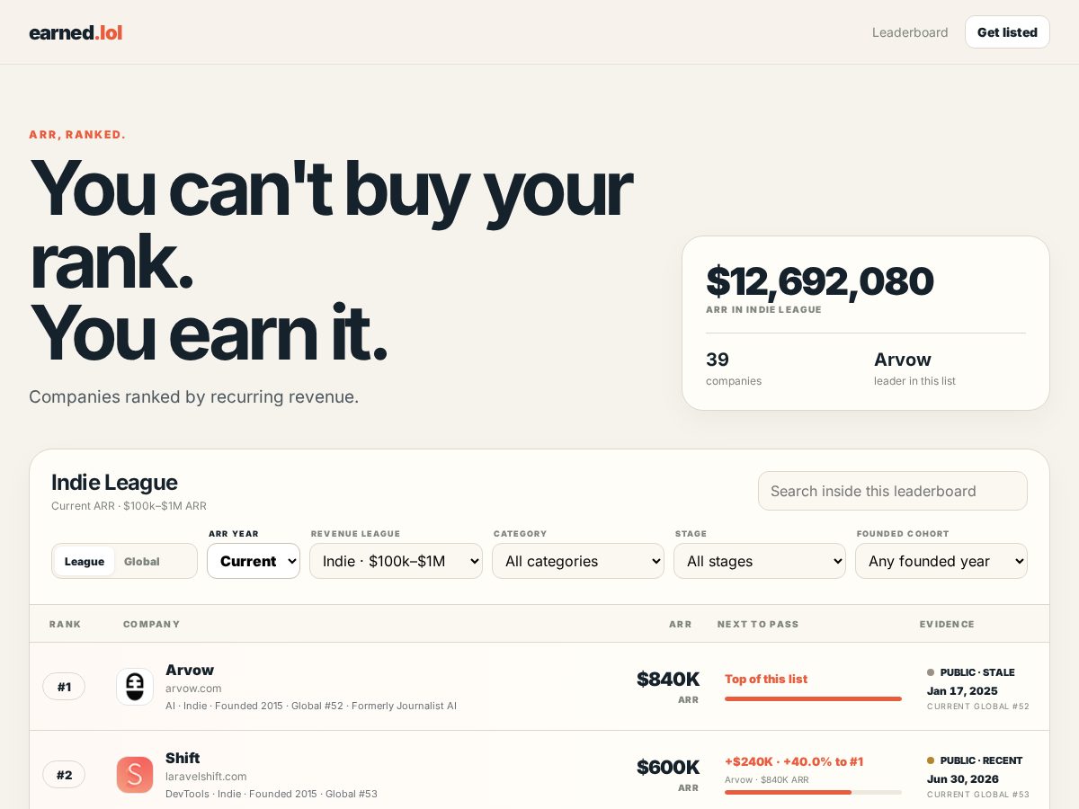Landing-page snapshot of earned.lol
