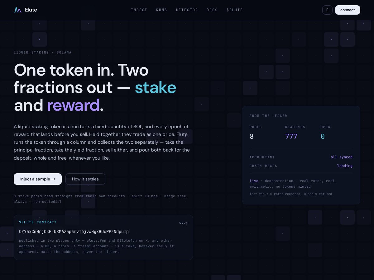 Landing-page snapshot of elute.fun