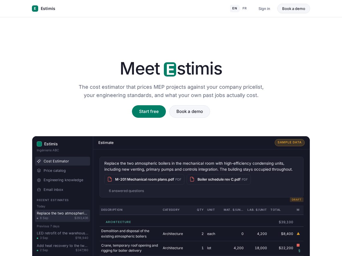 Landing-page snapshot of estimis.com