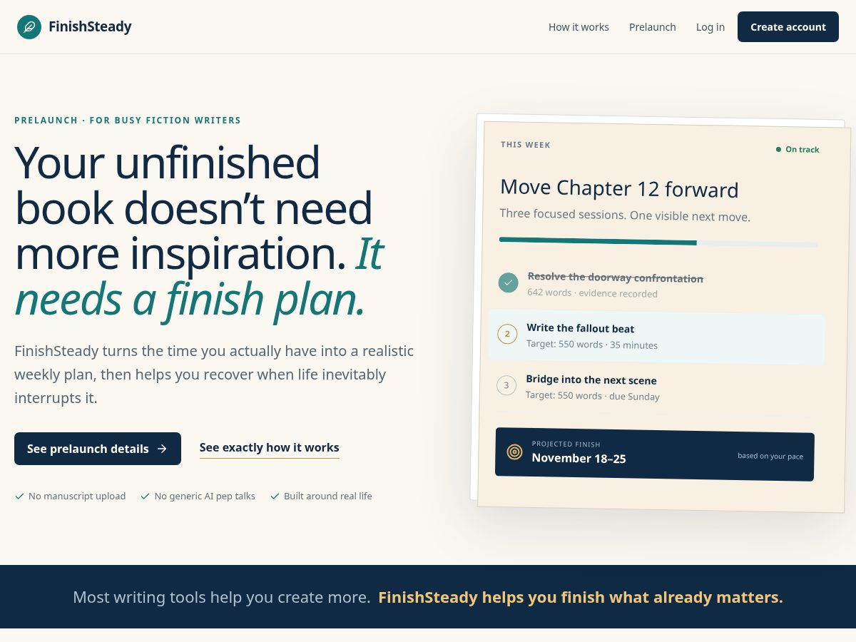 Landing-page snapshot of finishsteady.com