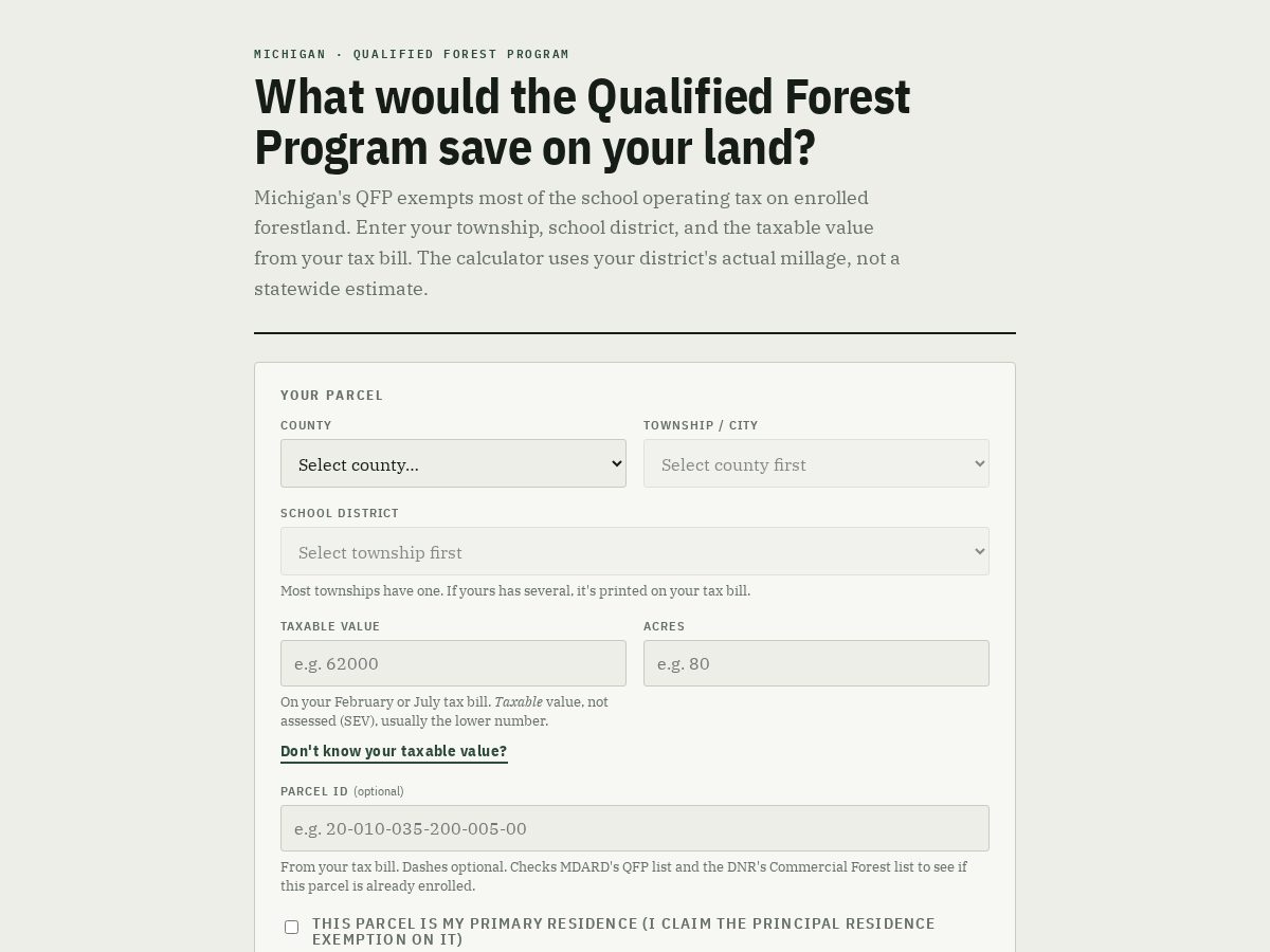 Landing-page snapshot of foresttaxcalculator.com