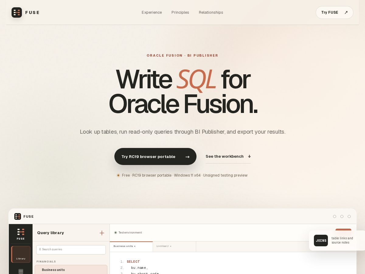 Landing-page snapshot of fusesql.com