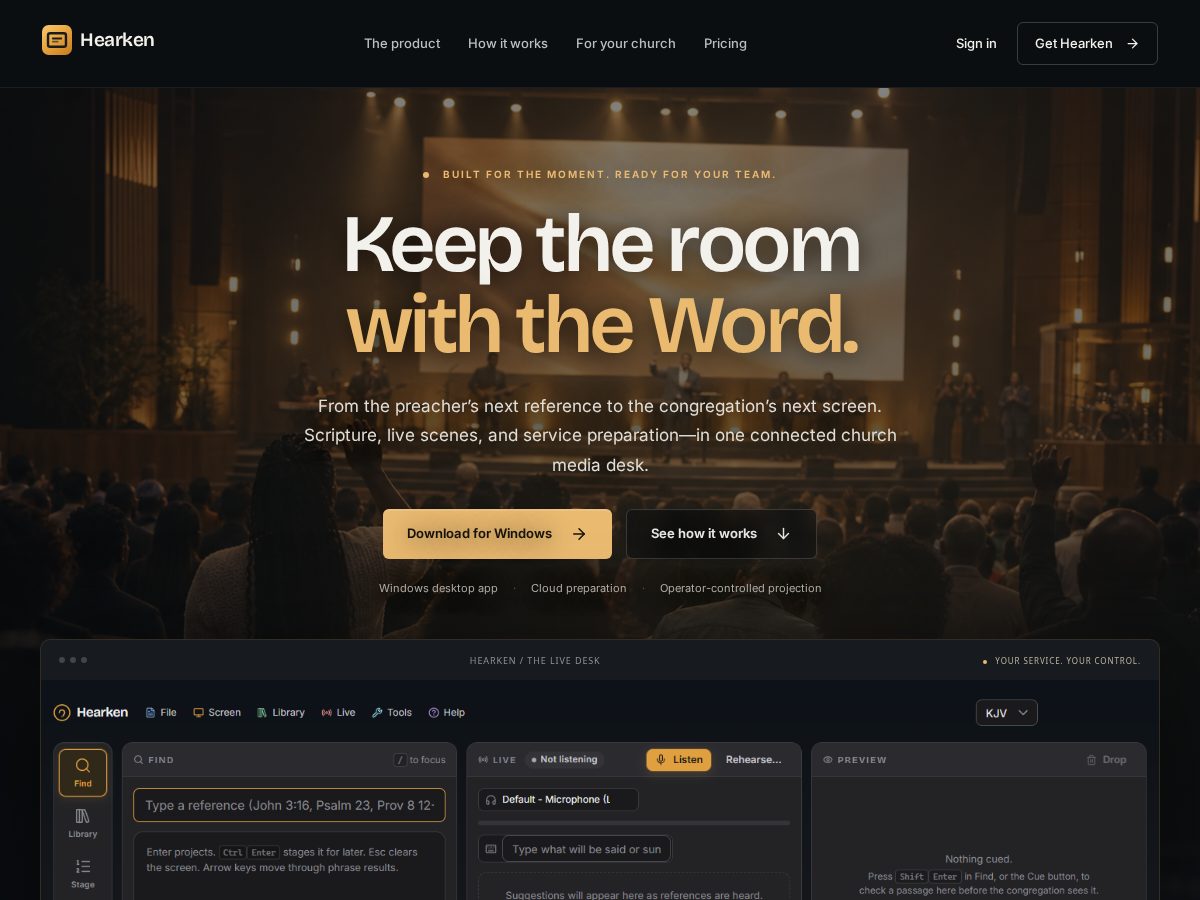 Landing-page snapshot of hearkenlive.com