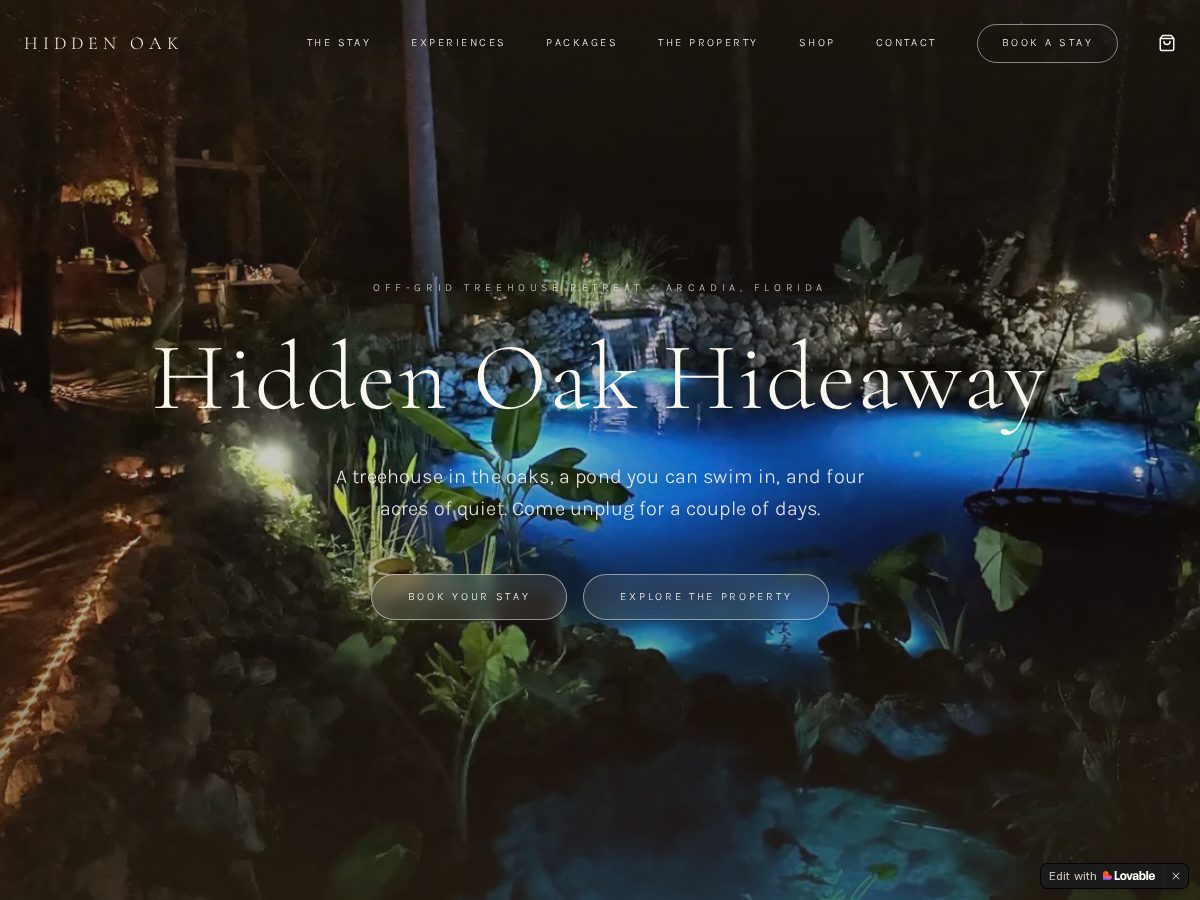 Landing-page snapshot of hiddenoakhideawaytreehouse.com