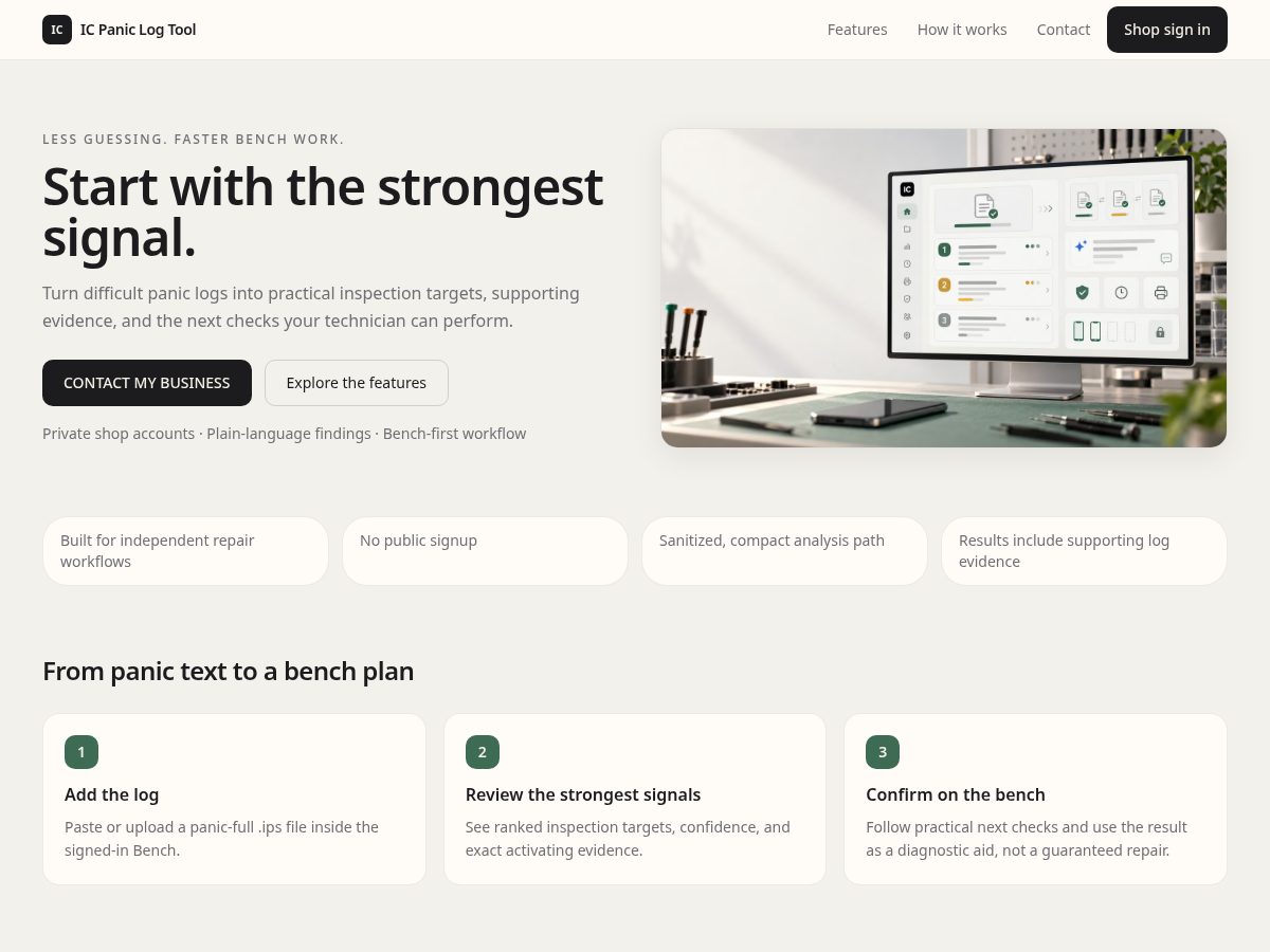 Landing-page snapshot of icpaniclogtool.com