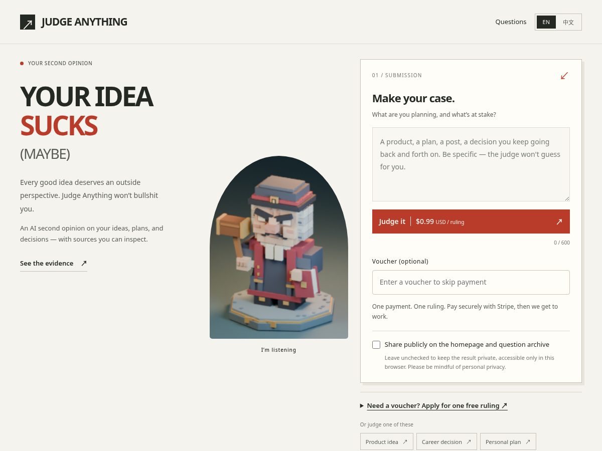 Landing-page snapshot of judgeanything.com