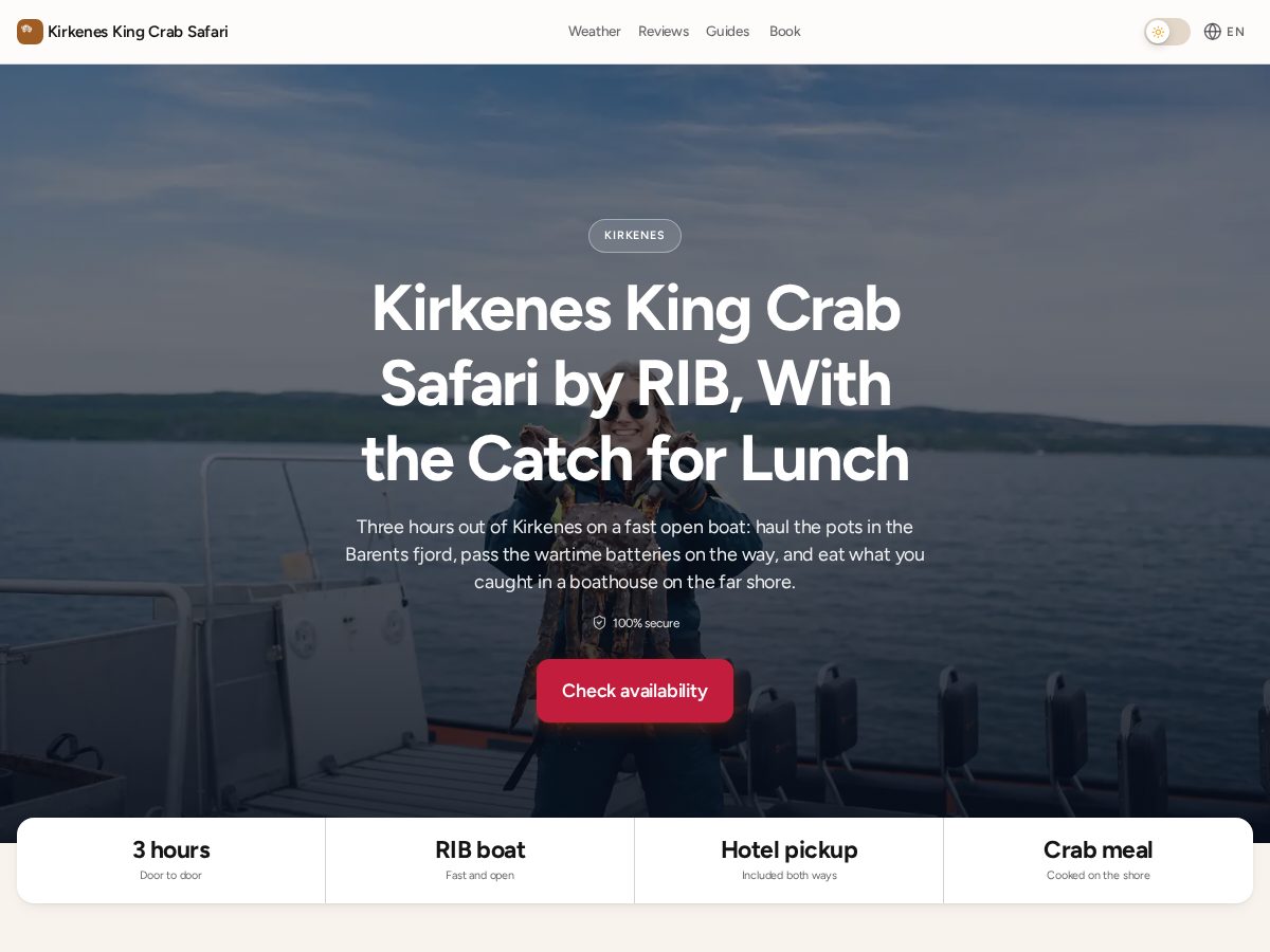 Landing-page snapshot of kirkeneskingcrabsafari.com