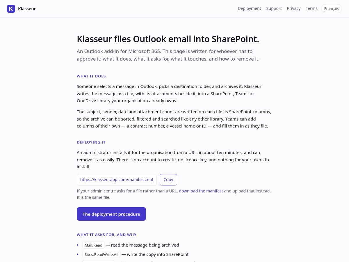 Landing-page snapshot of klasseurapp.com