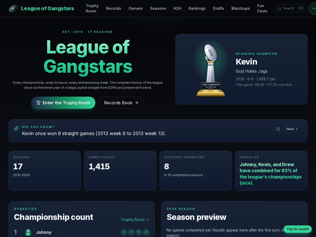 Landing-page snapshot of leagueofgangstars.com