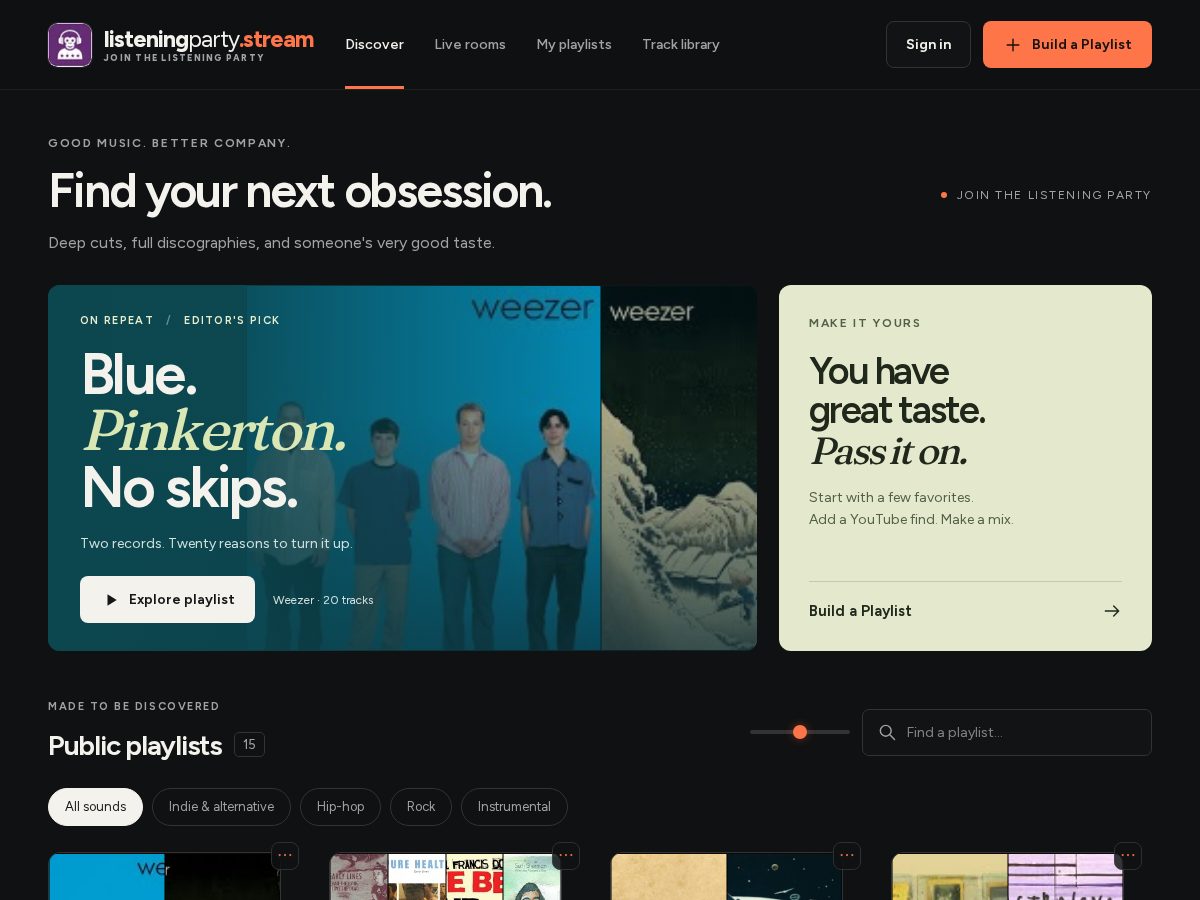Landing-page snapshot of listeningparty.stream