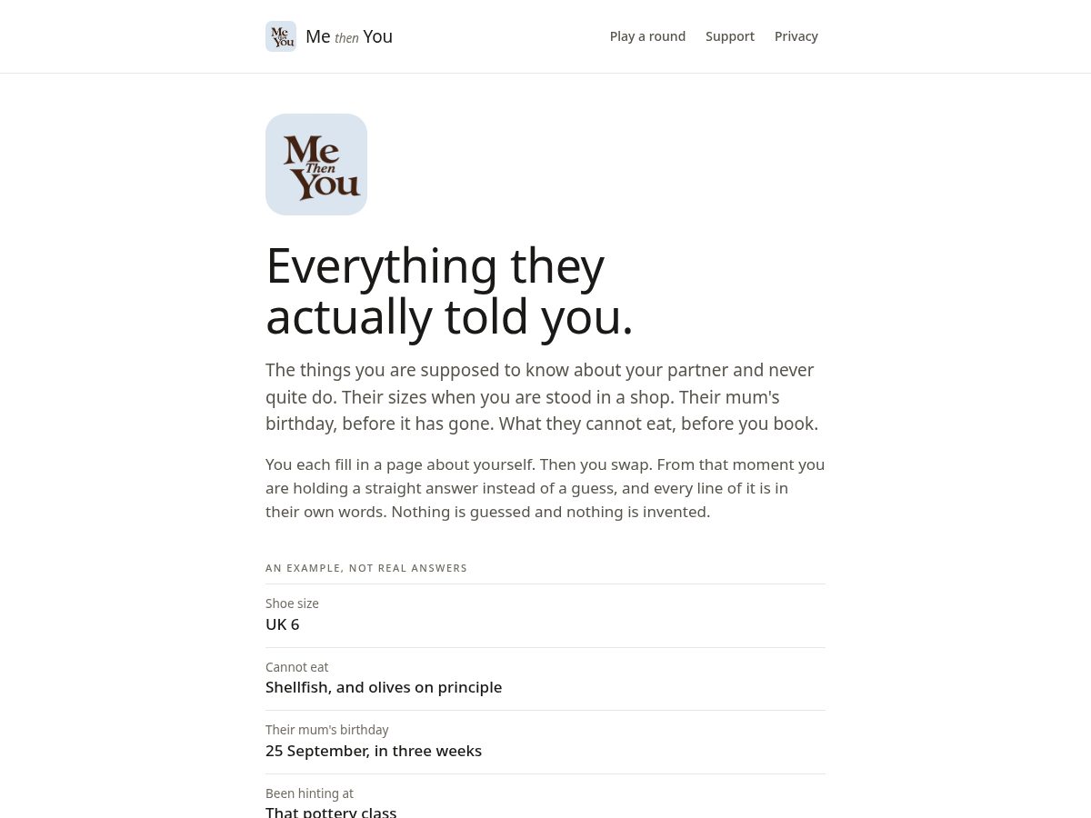 Landing-page snapshot of methenyouapp.com