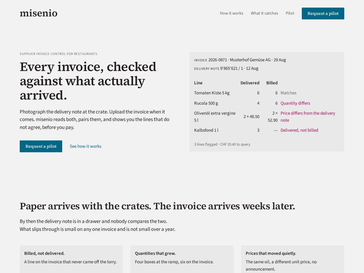 Landing-page snapshot of misenio.com
