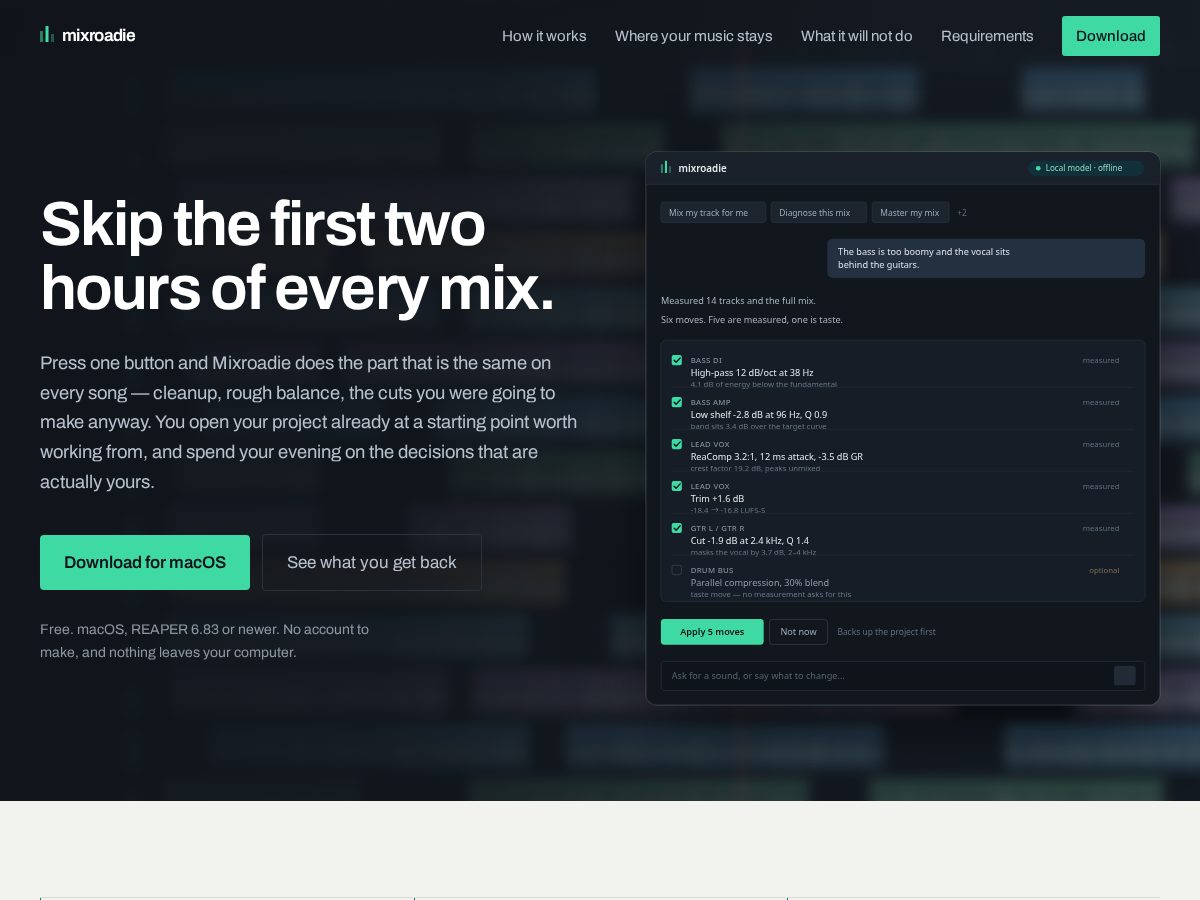 Landing-page snapshot of mixroadie.com