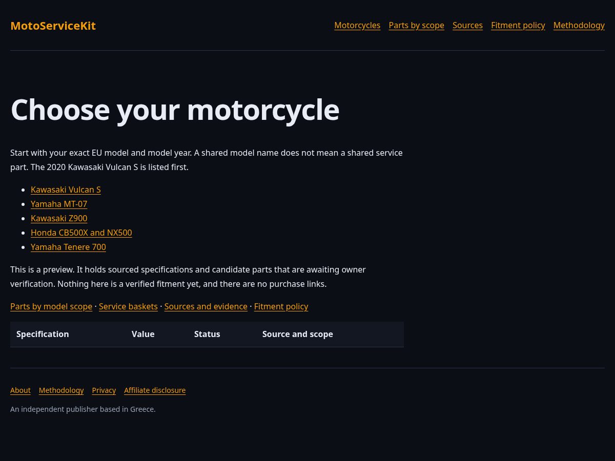 Landing-page snapshot of motoservicekit.com