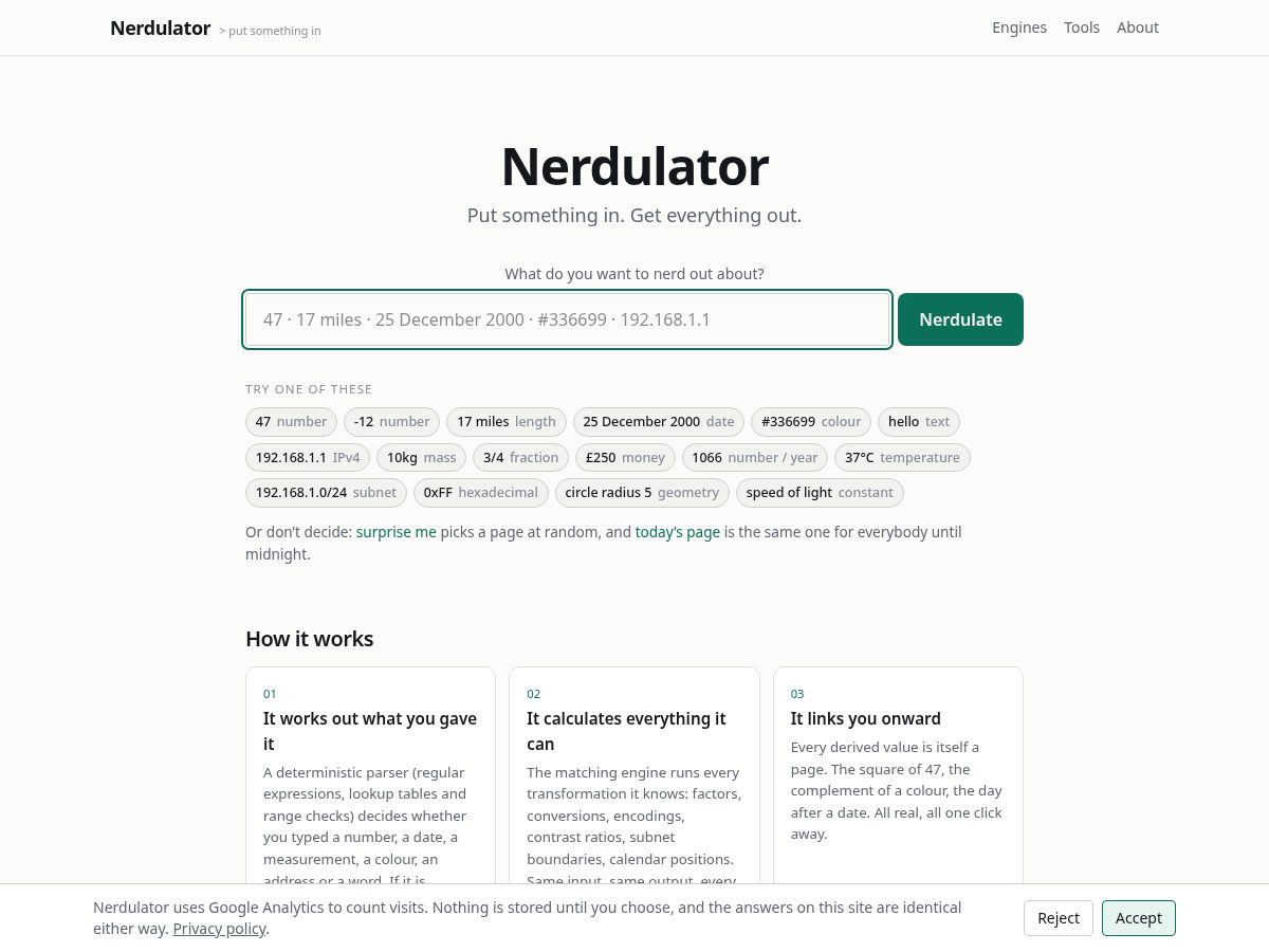 Landing-page snapshot of nerdulator.com