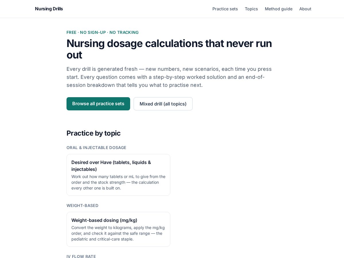 Landing-page snapshot of nursingdrills.com
