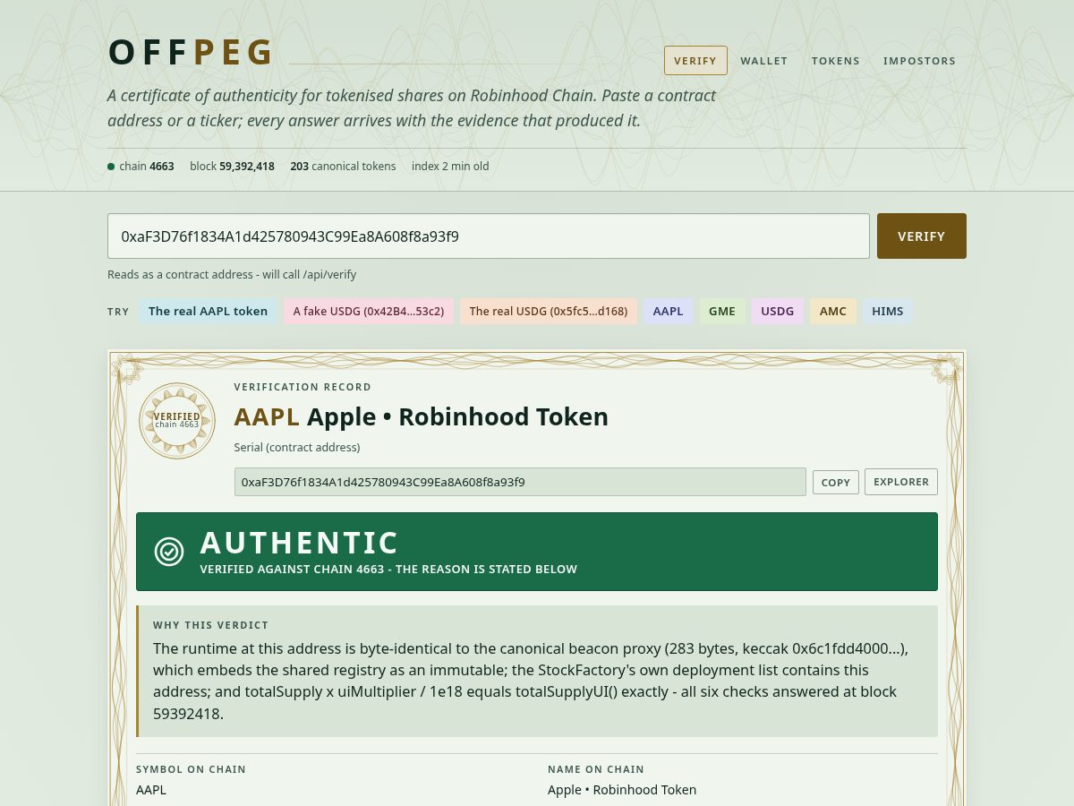 Landing-page snapshot of offpeg.fun