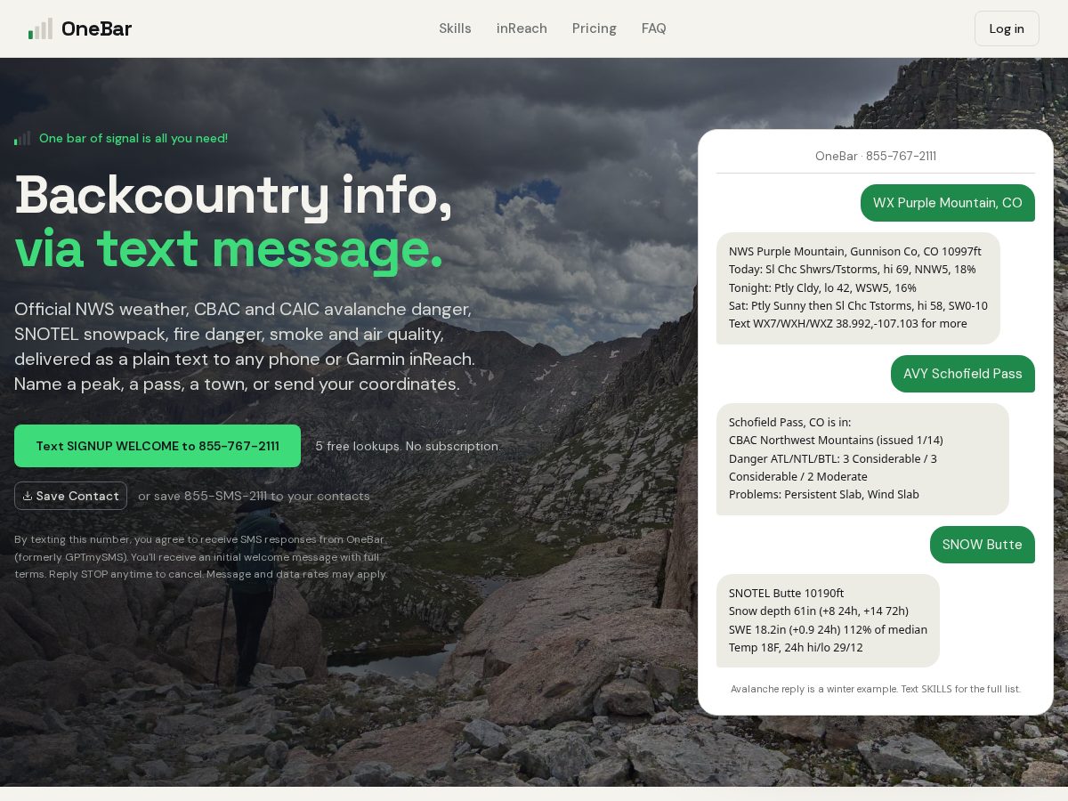Landing-page snapshot of onebarsms.com