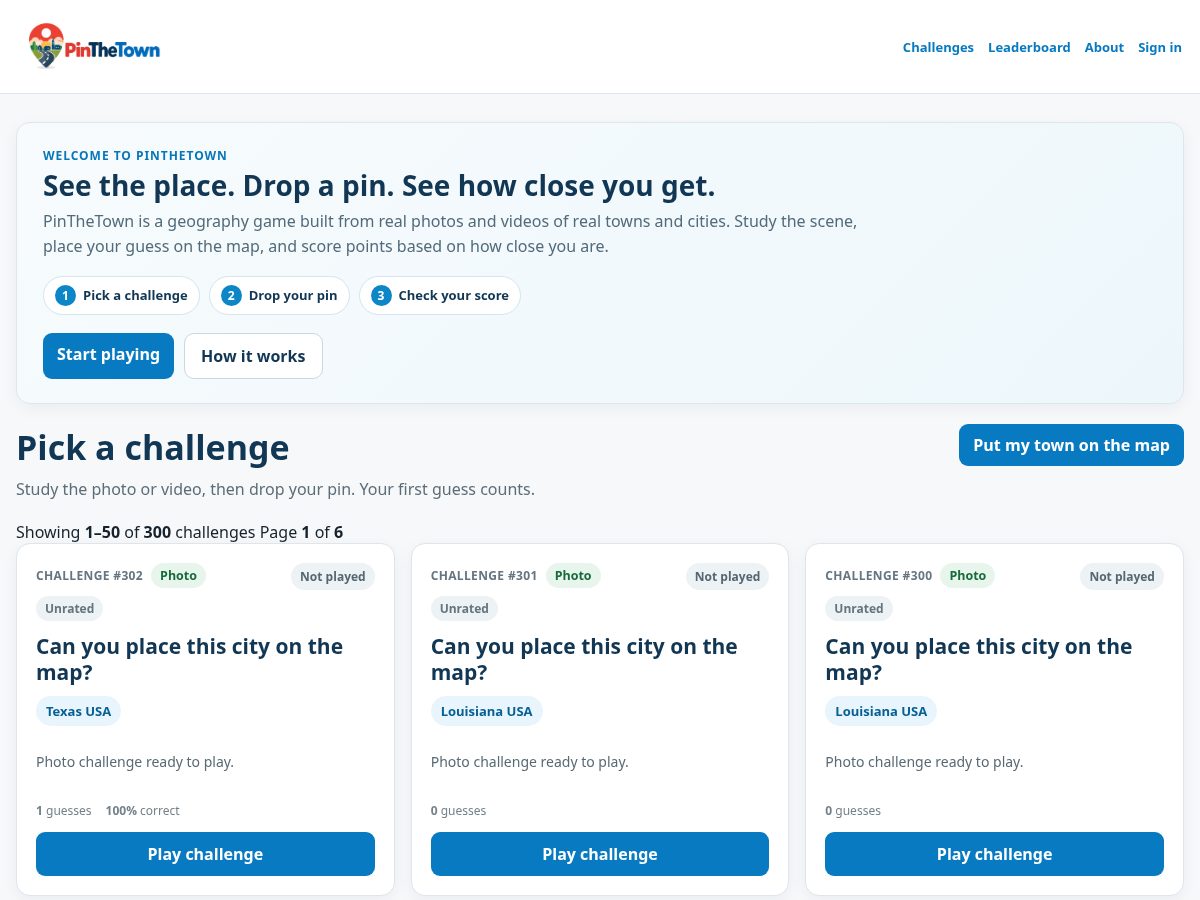 Landing-page snapshot of pinthetown.com